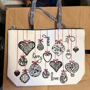 Brighton White Tote with Black and Red Heart Design
